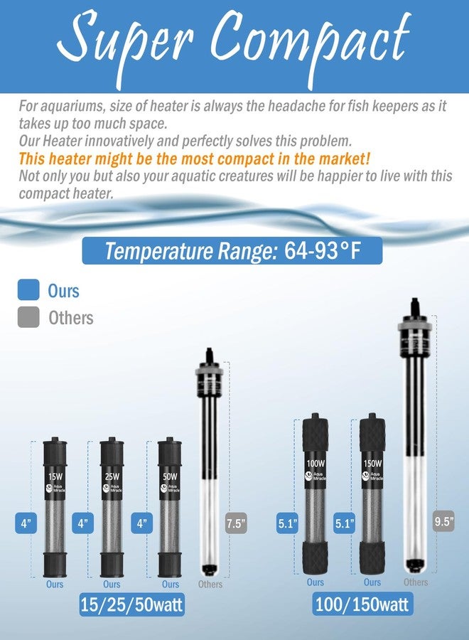 AquaMiracle سخان حوض أسماك AquaMiracle قابل للتعديل بقوة 15 واط، سخان غاطس لحوض السمك، سخان حوض سمك قصير جدًا مزود بمنظم حرارة بشاشة عرض رقمية LED، مناسب لأحواض الأسماك من 1 إلى 3 جالونات - Image 2